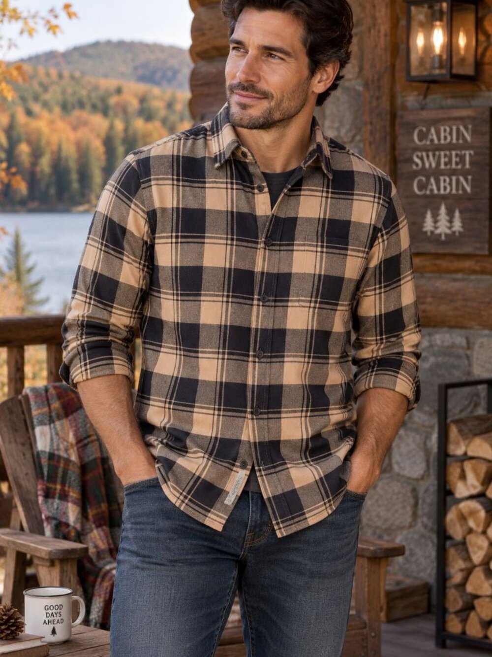 J.Crew Men's Flannel Shirt Large Tan Black Tan Plaid Button Down Cabin Gorpcore